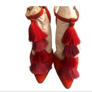 Red, suede, sexy, tasseled ankle strap pumps